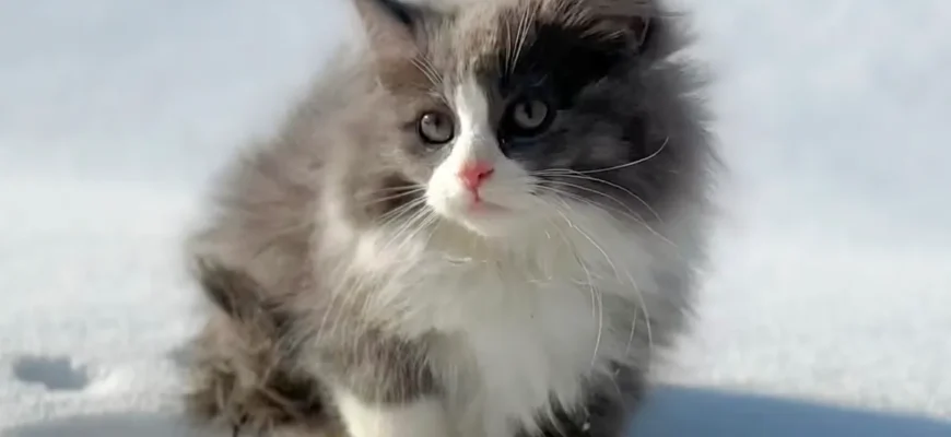 котёнок сибирской кошки на снегу