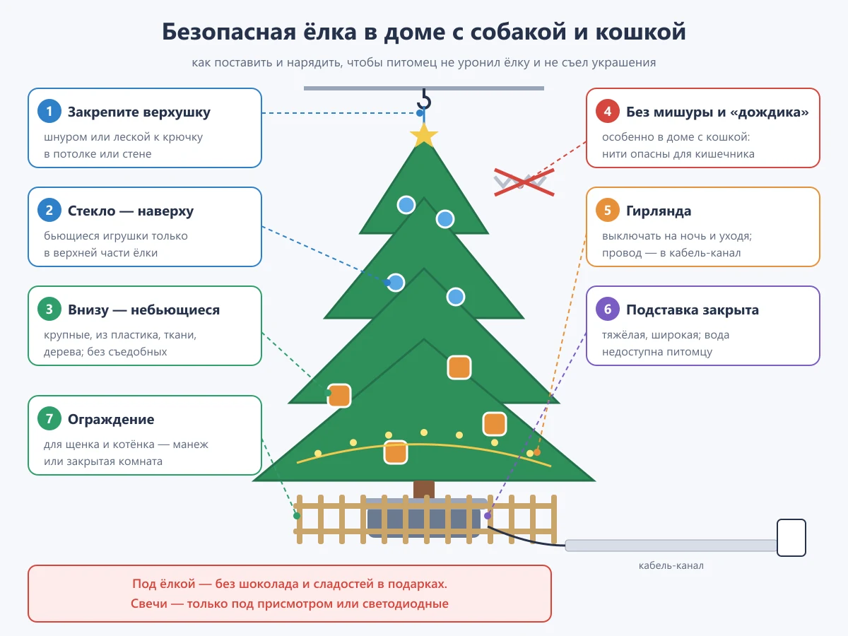 схема безопасной ёлки для дома с собакой и кошкой: крепление к стене, закрытая подставка, бьющиеся игрушки наверху, провода в кабель-канале