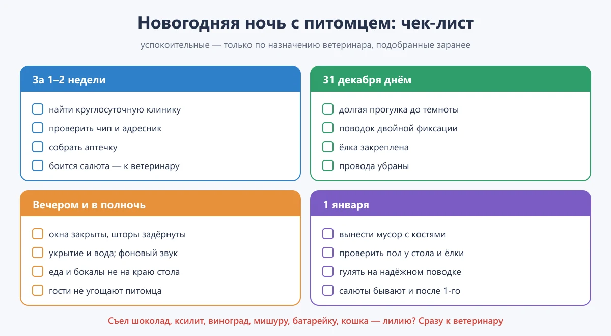 чек-лист на новогоднюю ночь для владельца собаки и кошки: до праздника, вечером 31 декабря, во время салюта, 1 января