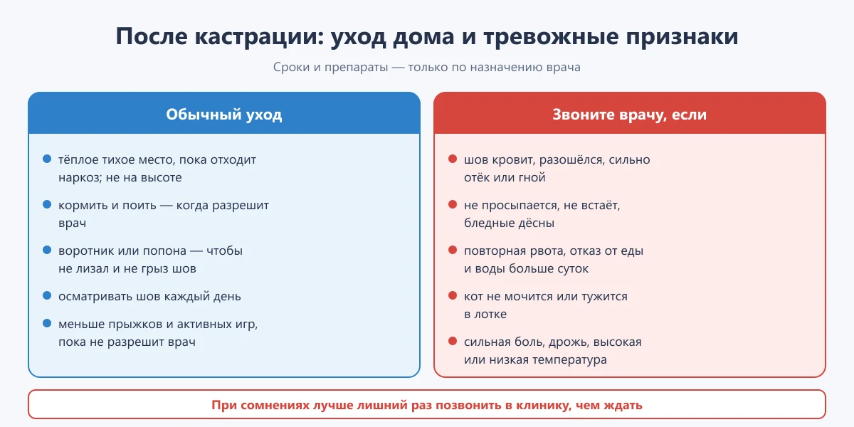 схема: уход за котом и собакой после кастрации и тревожные признаки